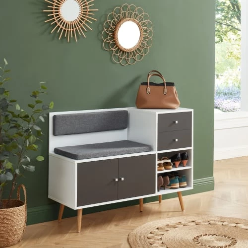 Baita Bancs Banc à Chaussures Gris Et Blanc 2 Niches Et 2 Tiroirs 4 Baita Bancs Banc à Chaussures Gris Et Blanc 2 Niches Et 2 Tiroirs – Image 2