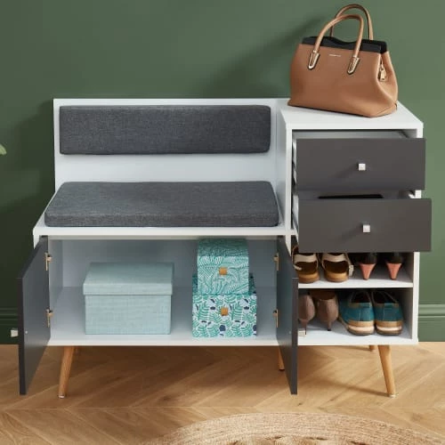 Baita Bancs Banc à Chaussures Gris Et Blanc 2 Niches Et 2 Tiroirs 6 Baita Bancs Banc à Chaussures Gris Et Blanc 2 Niches Et 2 Tiroirs – Image 4