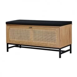 Casâme Bancs Banc Avec Rangement Chaussures Effet Bois Et Façade En Rotin L100 Cm -Bancs Soldes banc avec rangement chaussures effet bois et facade en rotin l100 cm 2