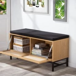 Casâme Bancs Banc Avec Rangement Chaussures Effet Bois Et Façade En Rotin L100 Cm -Bancs Soldes banc avec rangement chaussures effet bois et facade en rotin l100 cm 3