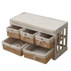 Mobili Rebecca Bancs Banc Coffre Avec 5 Tiroirs En Bois Et Osier Blanc -Bancs Soldes banc coffre avec 5 tiroirs en bois et osier blanc 3