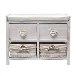 Mobili Rebecca Bancs Banc Coffre Coeurs Avec 4 Tiroirs En Bois Et Osier Blanc