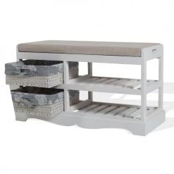 Mobili Rebecca Bancs Banc D'entrée Avec 2 Paniers Et 2 étagères En Mdf Blanc Et Gris -Bancs Soldes banc d entree avec 2 paniers et 2 etageres en mdf blanc et gris 3