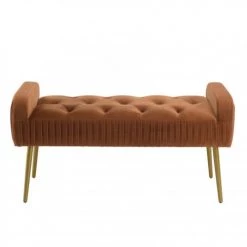 MACABANE Bancs Banc De Lit En Velours Orange Pieds Métal Doré -Bancs Soldes banc de lit en velours orange pieds metal dore 3
