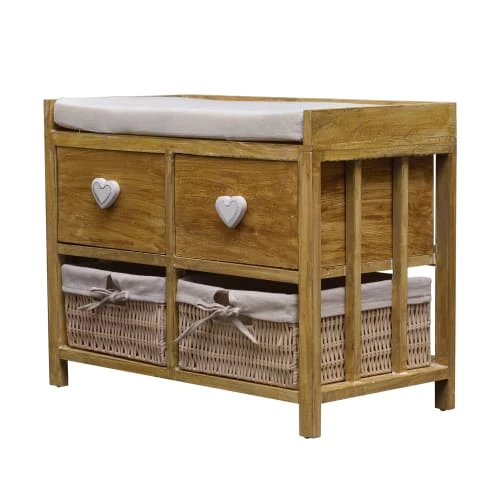 Mobili Rebecca Bancs Banc De Rangement 2 Tiroirs Et 2 Paniers En Bois De Paulownia Marron 4 Mobili Rebecca Bancs Banc De Rangement 2 Tiroirs Et 2 Paniers En Bois De Paulownia Marron – Image 2