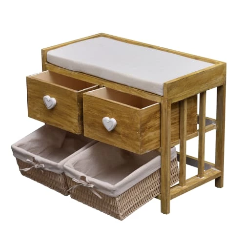 Mobili Rebecca Bancs Banc De Rangement 2 Tiroirs Et 2 Paniers En Bois De Paulownia Marron 5 Mobili Rebecca Bancs Banc De Rangement 2 Tiroirs Et 2 Paniers En Bois De Paulownia Marron – Image 3