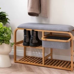 Leitmotiv Bancs Banc En Bambou Avec étagères Et Panier De Rangement -Bancs Soldes banc en bambou avec etageres et panier de rangement 5