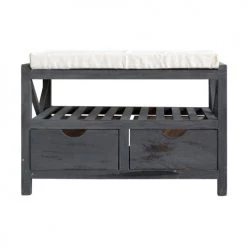 Mobili Rebecca Bancs Banc En Bois Paulownia Avec 2 Tiroirs Et 1 Coussin Gris