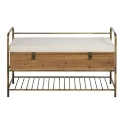 Maisons Du Monde Bancs Banc Marron Et Métal Doré Avec Coffre Et Coussin écru