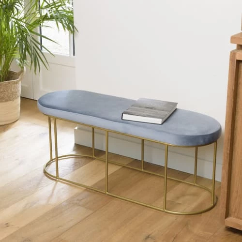 MACABANE Bancs Banc Velours Bleu Pieds Arrondis Métal Doré 4 MACABANE Bancs Banc Velours Bleu Pieds Arrondis Métal Doré – Image 2