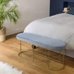 MACABANE Bancs Banc Velours Bleu Pieds Arrondis Métal Doré 11 MACABANE Bancs Banc Velours Bleu Pieds Arrondis Métal Doré -Bancs Soldes banc velours bleu pieds arrondis metal dore 2