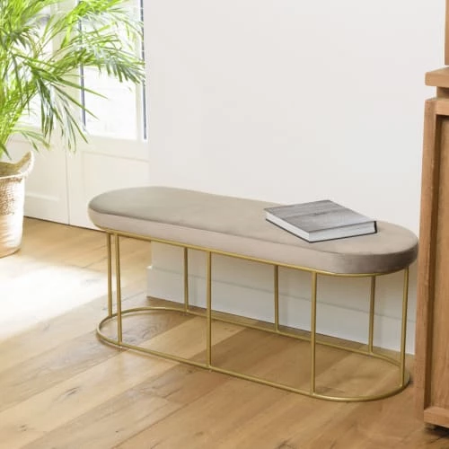 MACABANE Bancs Banc Velours Gris Taupe Pieds Arrondis Métal Doré 4 MACABANE Bancs Banc Velours Gris Taupe Pieds Arrondis Métal Doré – Image 2
