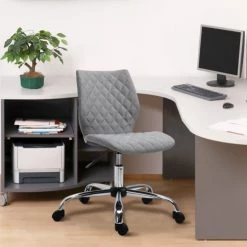 Homcom Chaises De Bureau Chaise De Bureau Effet Capitonné Piètement Chromé Lin Gris -Bancs Soldes chaise de bureau effet capitonne pietement chrome lin gris 3