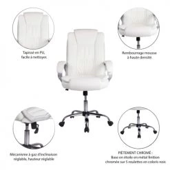 HOMN Chaises De Bureau Chaise De Bureau Elevable Et Fauteuil Inclinable En Simili Cuir Blanc -Bancs Soldes chaise de bureau elevable et fauteuil inclinable en simili cuir blanc 3