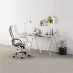 HOMN Chaises De Bureau Chaise De Bureau Elevable Et Fauteuil Inclinable En Simili Cuir Blanc -Bancs Soldes chaise de bureau elevable et fauteuil inclinable en simili cuir blanc 4