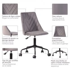 Urban Meuble Chaises De Bureau Chaise De Bureau En Velours Gris Avec Détails Graphiques -Bancs Soldes chaise de bureau en velours gris avec details graphiques 2