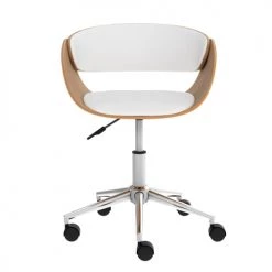 Rendez Vous Déco Chaises De Bureau Chaise De Bureau Pivotante Sur Roulettes En Bois Et PU Blanc -Bancs Soldes chaise de bureau pivotante sur roulettes en bois et pu blanc 4