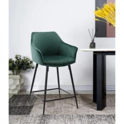 Meubletmoi Chaises Et Tabourets De Bar Chaise Haute De Bar En Velours Vert Et Piétement Métal Noir -Bancs Soldes chaise haute de bar en velours vert et pietement metal noir 1