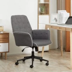 Homcom Chaises De Bureau Fauteuil De Bureau Capitonné Tissu Gris Chiné -Bancs Soldes fauteuil de bureau capitonne tissu gris chine 1