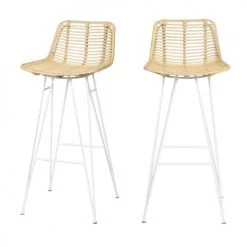 Drawer Chaises Et Tabourets De Bar Lot De 2 Chaises De Bar Design En Rotin Pieds Blancs 75cm