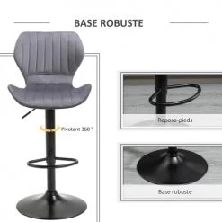 Homcom Chaises Et Tabourets De Bar Lot De 2 Tabouret De Bar Design Contemporain Velours Gris -Bancs Soldes lot de 2 tabouret de bar design contemporain velours gris 5