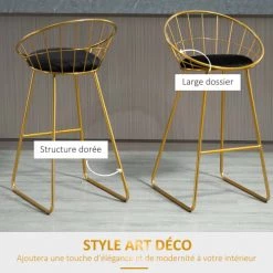 Homcom Chaises Et Tabourets De Bar Lot De 2 Tabourets De Bar Design Avec Coussin Velours Noir Et Doré 11 Homcom Chaises Et Tabourets De Bar Lot De 2 Tabourets De Bar Design Avec Coussin Velours Noir Et Doré -Bancs Soldes lot de 2 tabourets de bar design avec coussin velours noir et dore 3