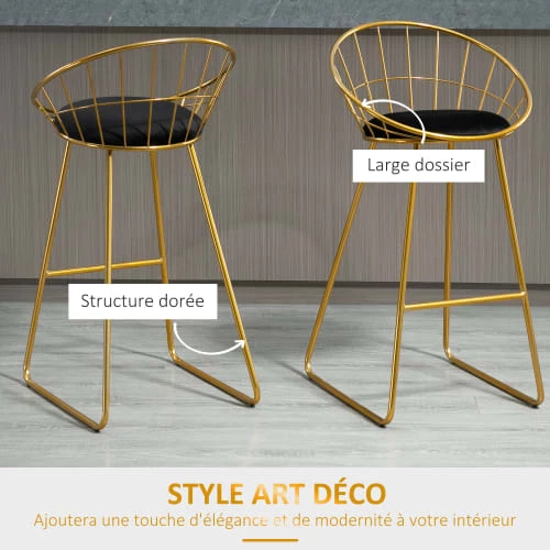 Homcom Chaises Et Tabourets De Bar Lot De 2 Tabourets De Bar Design Avec Coussin Velours Noir Et Doré 6 Homcom Chaises Et Tabourets De Bar Lot De 2 Tabourets De Bar Design Avec Coussin Velours Noir Et Doré – Image 4