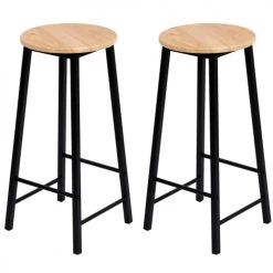 Wadiga Chaises Et Tabourets De Bar Set De 2 Tabourets De Bar Ronds Métal Noir Et Bois - 30x30x70cm