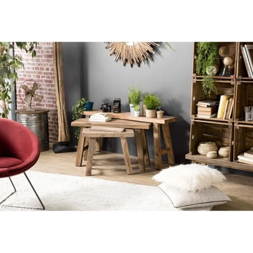 MACABANE Set De 3 Bancs Gigognes Esprit Brocante Bois Mahogagny 4 MACABANE Set De 3 Bancs Gigognes Esprit Brocante Bois Mahogagny – Image 2