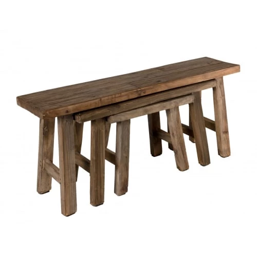 MACABANE Set De 3 Bancs Gigognes Esprit Brocante Bois Mahogagny 5 MACABANE Set De 3 Bancs Gigognes Esprit Brocante Bois Mahogagny – Image 3