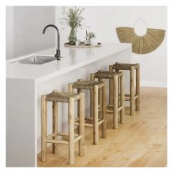 Rendez Vous Déco Chaises Et Tabourets De Bar Tabouret De Bar Mi-hauteur 65 Cm En Jonc De Mer Et Teck -Bancs Soldes tabouret de bar mi hauteur 65 cm en jonc de mer et teck 1